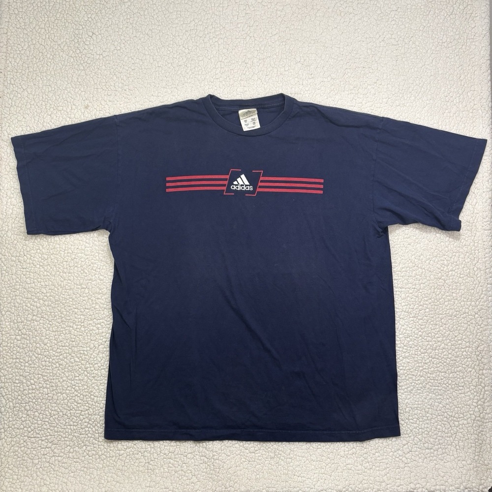 Vintage Adidas T Shirt Tee 90s Embroidered Logo Navy Red Three Stripes Mens 2XL